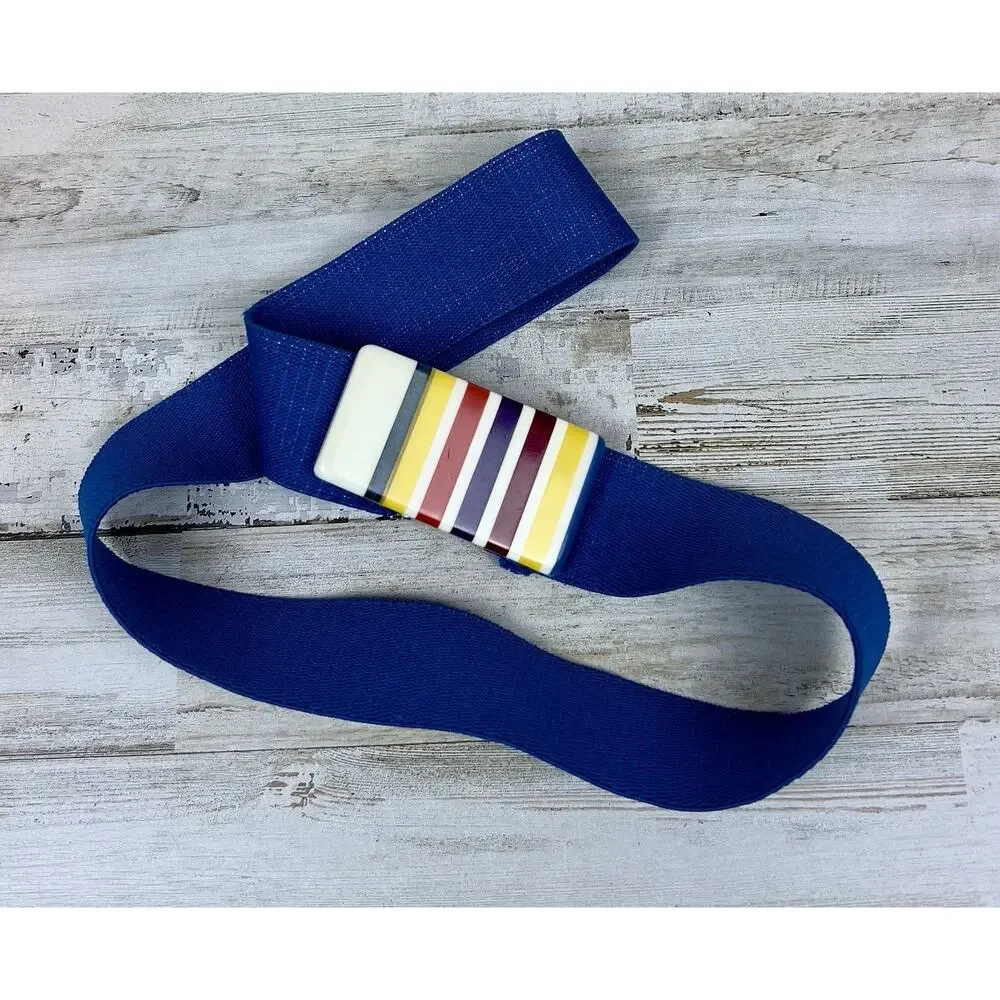 Vintage 1980s Blue Stretch Belt Striped Gold Tone Clip Buckle Elastic Waist Belt